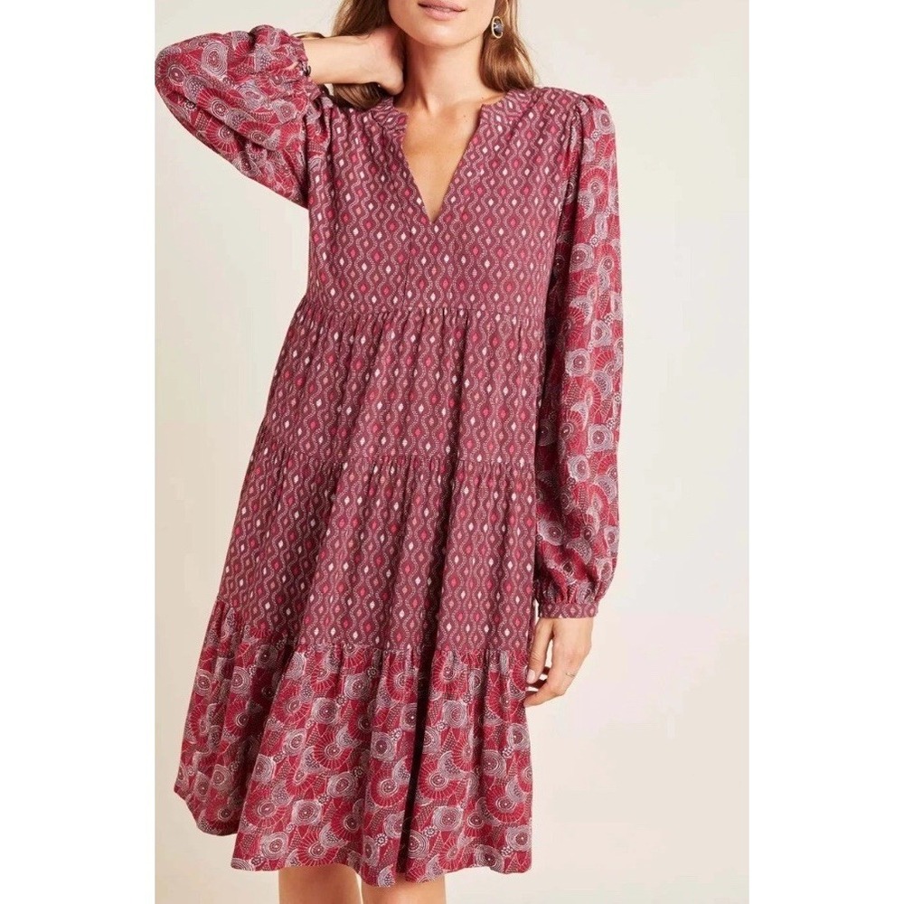 maeve anthropologie Amber Tiered Tunic Dress Size Small Boho Burgundy